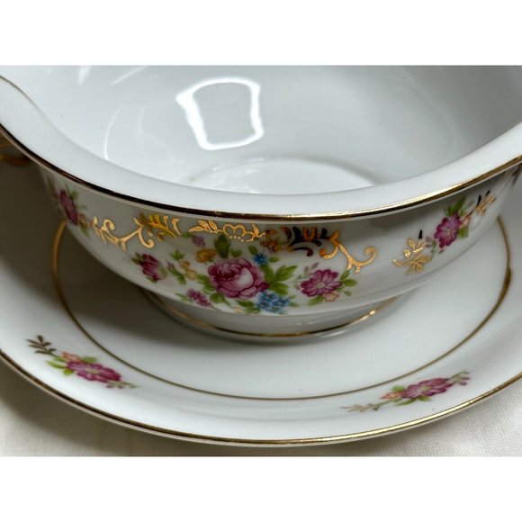 Maruichi China Gravy Boat Attached Plate Rose Gold Trim 40s Replacement Gift - Picture 2 of 4